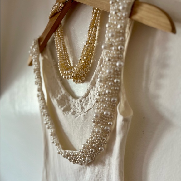 EUC VTG 80s pearl necklace handsewn bodycon ivory dress xs scoop back wedding - Picture 15 of 16
